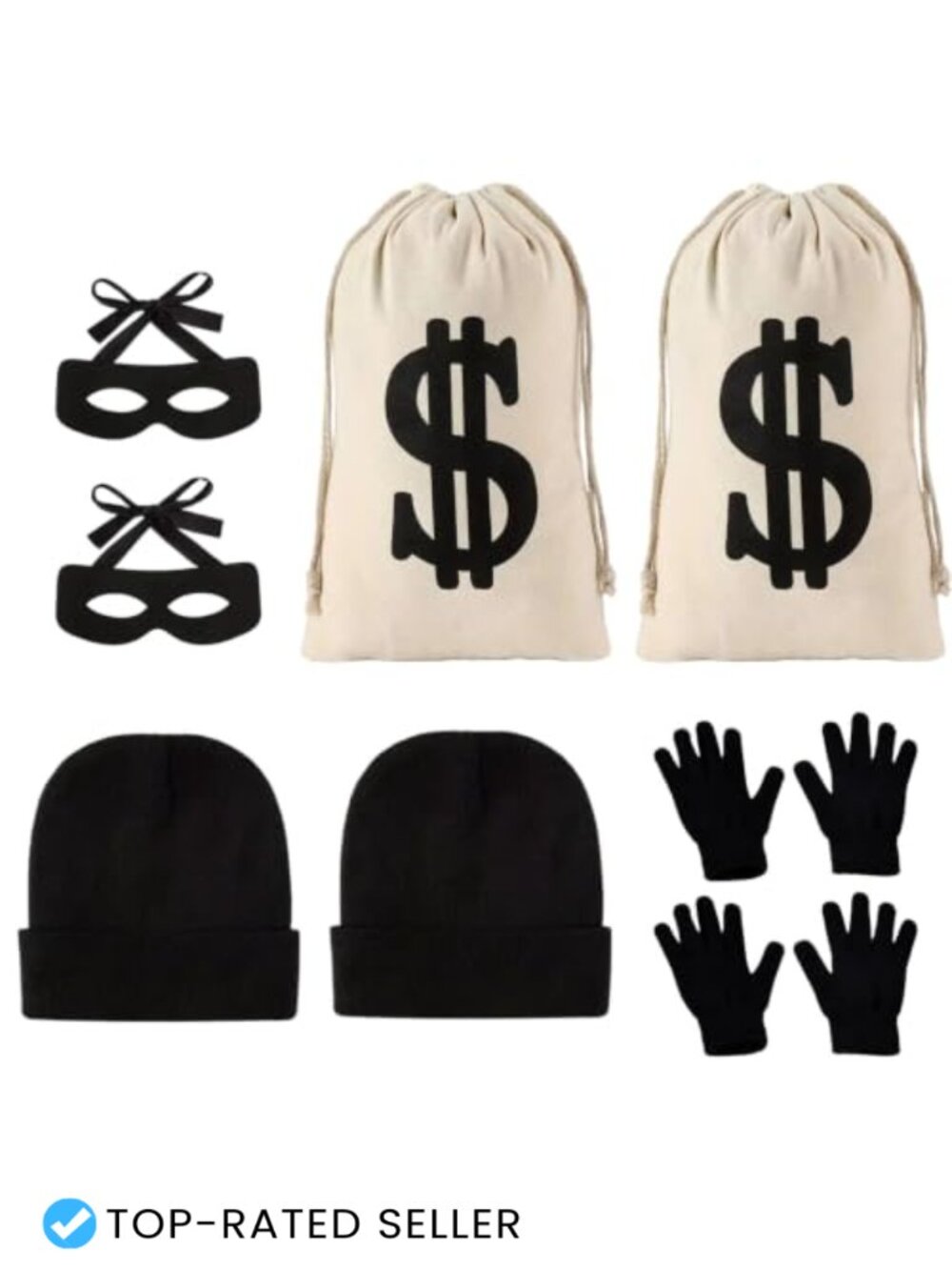 2 Complete Robber Costume Accessory Sets Money Bags Beanie Eye